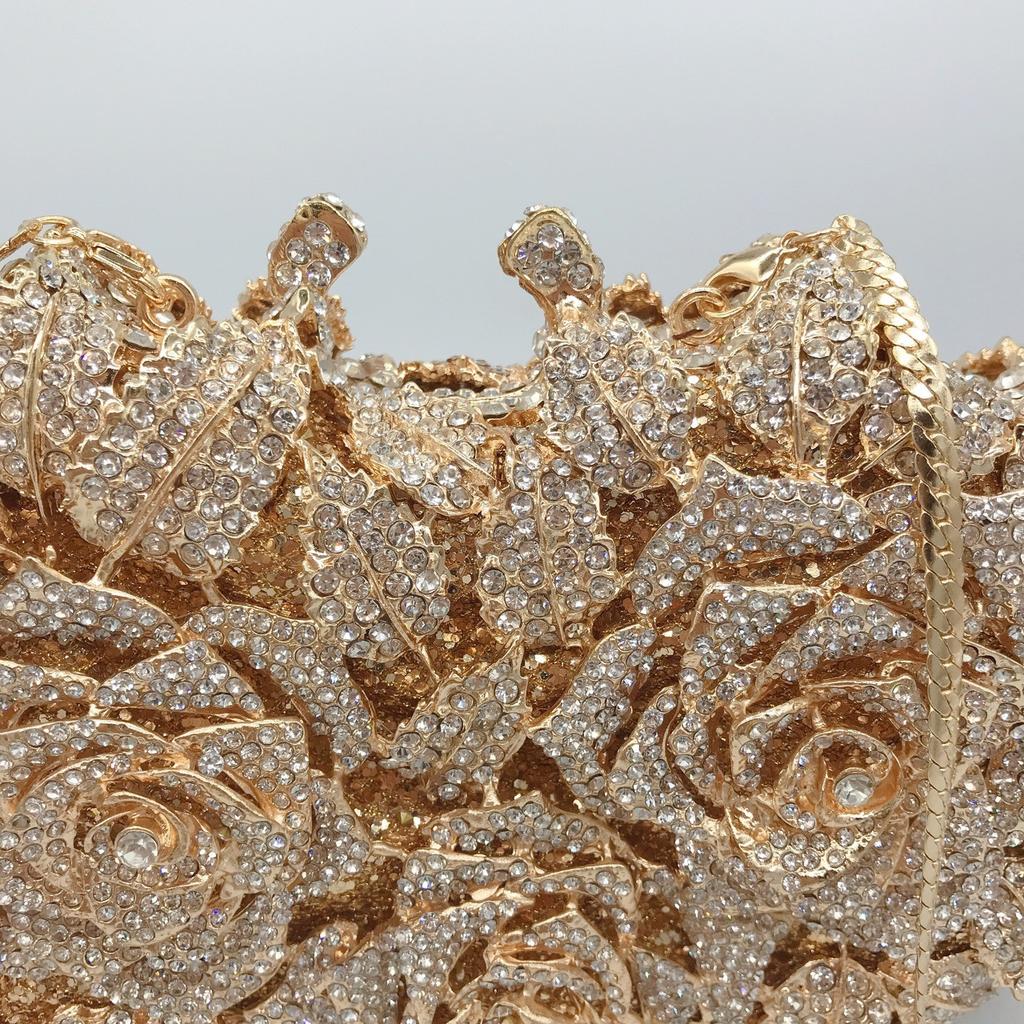 Rose Blume Abend-Clutch Tasche Ausgeschnitten Gold Metall Taschen Für Frauen Geldbörse Und Diamant Handtaschen Weiblich Strass Cocktail-Clutch