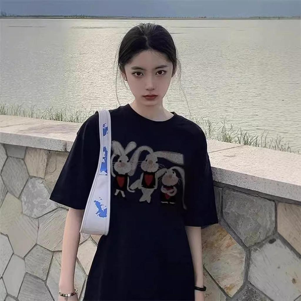 Women's Oversized Black Rabbit Print Cotton Tee