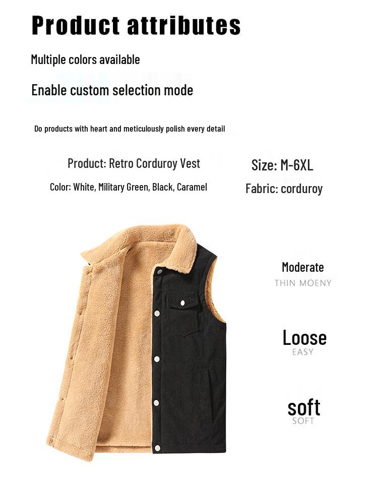 ZH 8027 Men's Retro Corduroy Lambswool Vest - Thickened, Plus Size, Versatile, Casual Workwear Outerwear