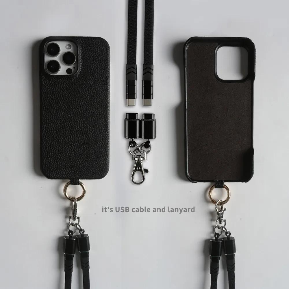 Luxury USB Charging Cable Genuine Leather Case For iPhone 16 Pro Max 15Pro 11 13 12pro 14Pro Strap Crossbody Lanyard Phone Cover