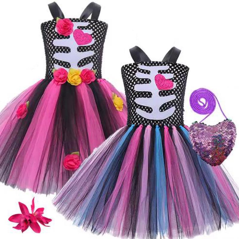 Halloween Kids Dress Cosplay Heart Print Skeleton Costumes Girls Floral Skull Tutu Children