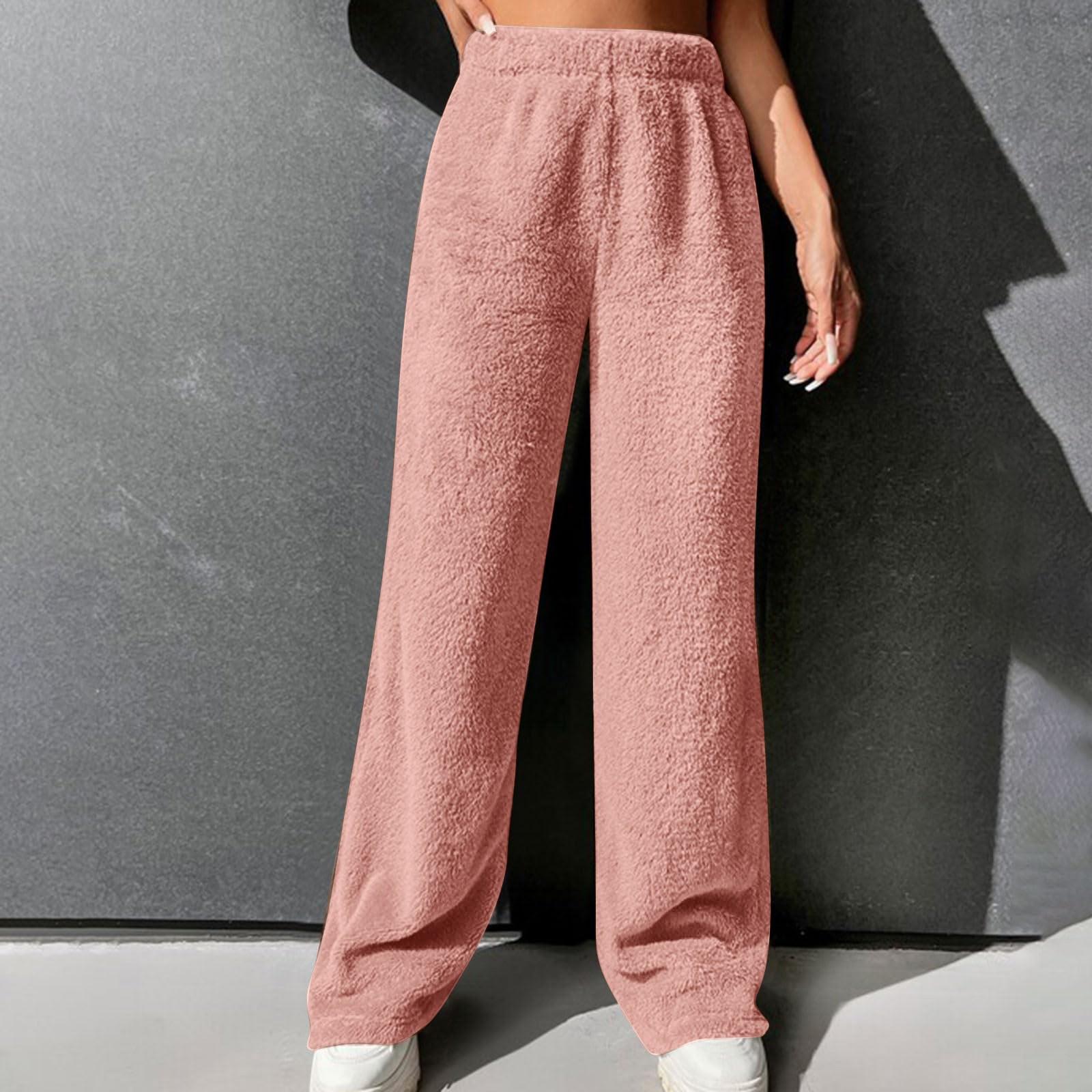 Женские Повседневные Плюшевые Брюки Свободного Кроя на Эластичной Талии с Манжетами Длинные Домашние Брюки M розовый