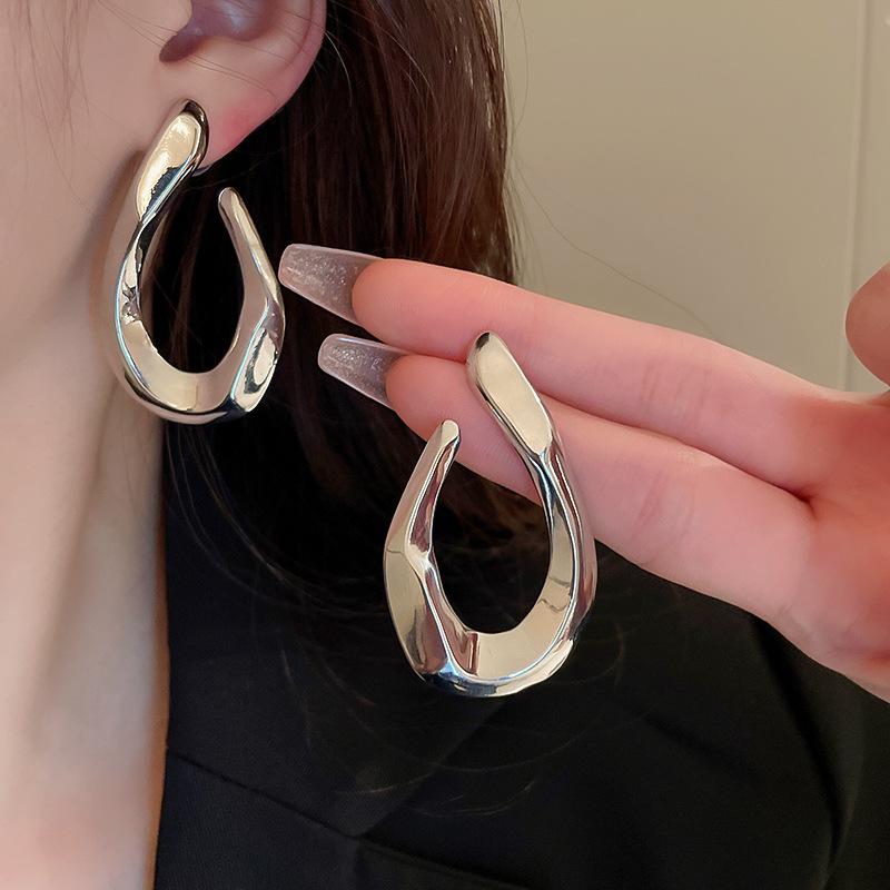 Exaggerated Distorted Geometric Silver Needle Earrings Cold Earrings