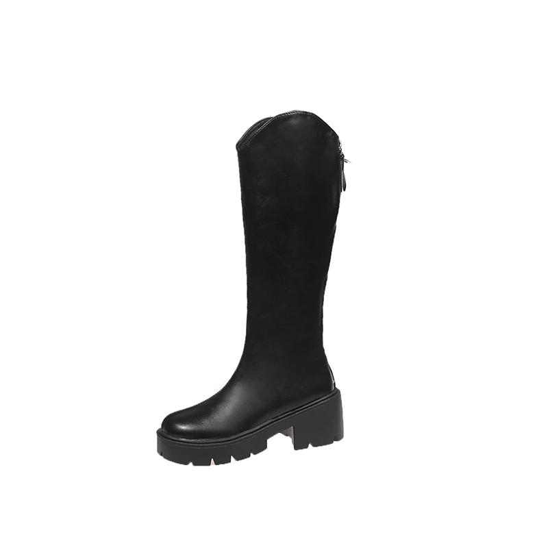 Autumn New High Quality Long Boots 2025 Fashion Versatile Heel Thick Bottom Solid Zip Round Toe Casual Concise Women's Boots