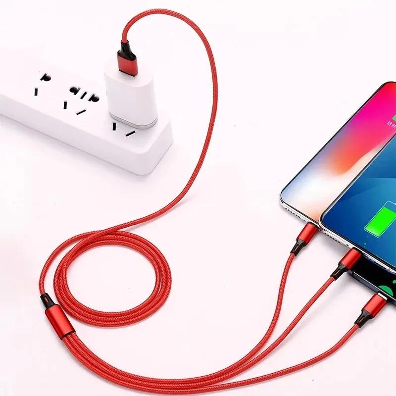 1-4Pcs 3 In 1 USB Charger Fast Charging Cable Type C Micro IOS Multi Charger Cable for iPhone Huawei Samsung Nylon Braided Cord