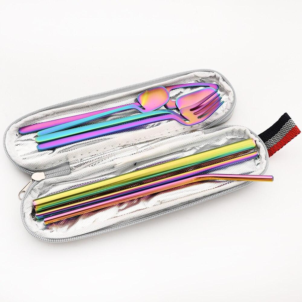 Gold Portable Dinnerware Set Unique Design Travel Reusable Camping Silverware Cutlery Tableware Set With 215/12/6 Straight Straw