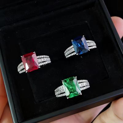 Schmuck Vier-Krappen Rechteck Zucht-Smaragd Rubin Ring Set Mit 8 * 10 Hochkohlenstoff Diamant Farbe Schatzring