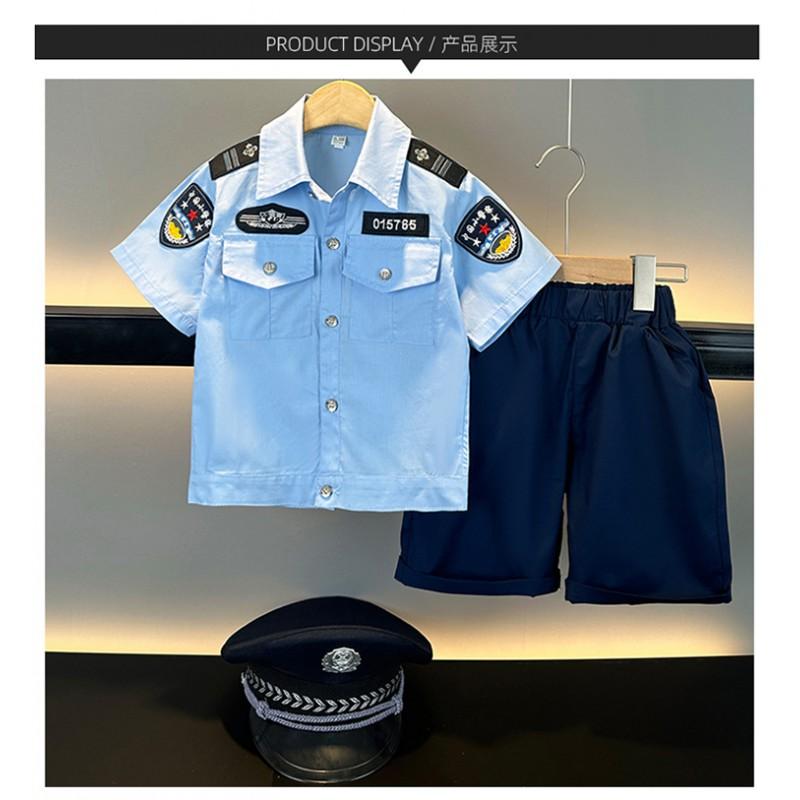 Erkek Çocuk Polis Kostümü Seti Kısa Kollu Pamuklu İki Parça Kıyafet Çocuk Parti Gösterisi