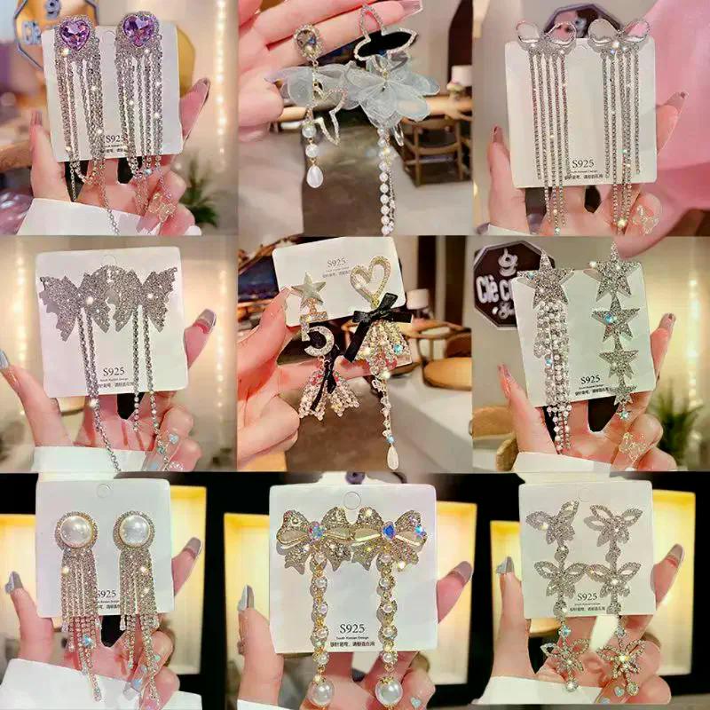 1 Pair Dangle Earrings Bowknot Shape Shining Rhinestones Lady Earrings Heart Imitation Pearls Tassel Jewelry Accessory