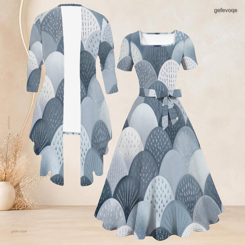 Women Plus Size Two Piece Set Long Sleeve Open Cardigan Square Neck Short Sleeve Tie Waist Printed Flared Dress