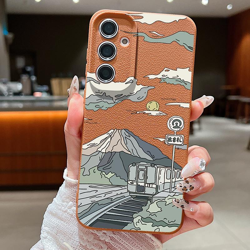 Cartoon Mountain Print Leather Texture Case For Samsung S25 Ultra S24 FE S23 S22 A36 A56 A16 A55 A26 A15 Matte Slim Shockproof TPU Soft Phone Cover