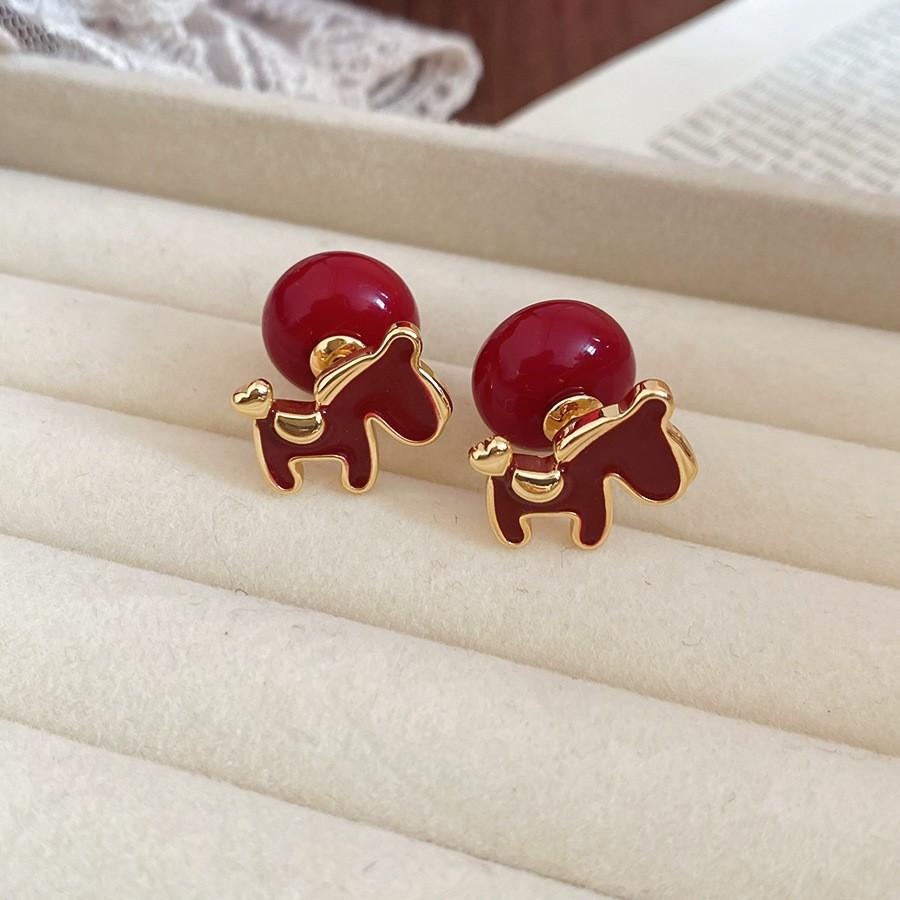 K Real Gold Electroplated Zircon Round Pony Stud Earrings New Chinese Retro Natal Year Earrings Light Luxury Niche Earrings