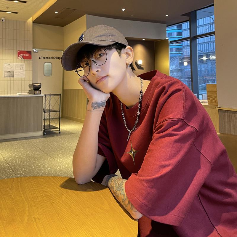 

Мужская модная белая хлопковая футболка с коротким рукавом - Свободный крой, Уличный стиль, Летний кэжуал. XXXL вино красного