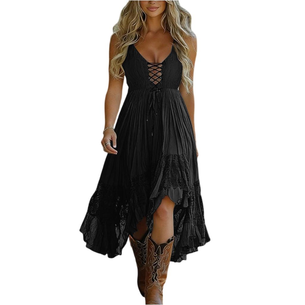 Vestido Casual Retro da Moda Feminino com Cordão e Renda