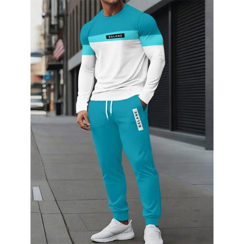 Men'S Casual Athletic Outfit Set - Long Sleeve Pattern T-Shirt And Drawstring Running Top