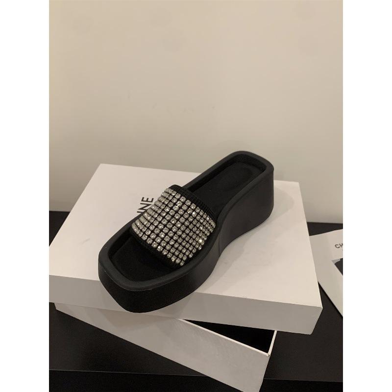 Muffin thick-soled high-end rhinestone slippers women's shoes 2025 new summer sandals heightening sandals