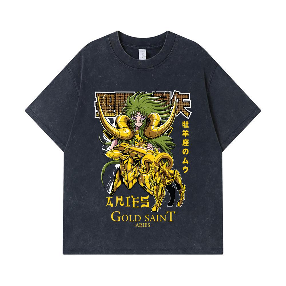 275 GSM Washed T-shirts 100% Cotton Saint Seiya V19 Aries Print Unisex Heavy Cotton T Shirt