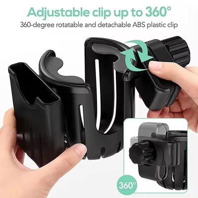 Portavasos 2 en 1 para cochecito de bebé, portavasos para bicicleta, motocicleta, scooter, material ABS, rotación de 360°, soporte ajustable para teléfono, soporte para café