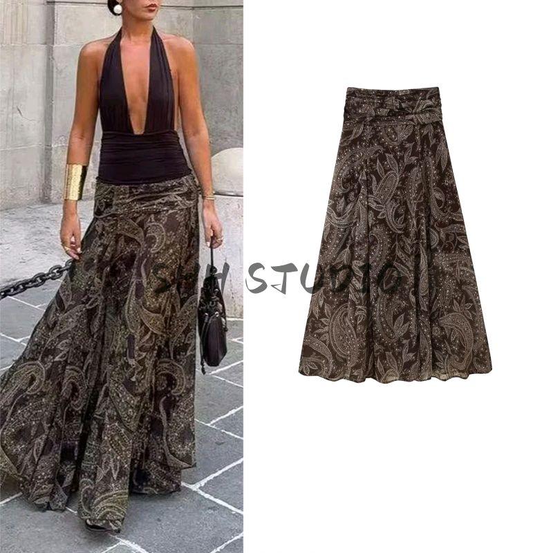Autumn New Women's Clothing French Vintage Style Ruched Decorative High Waist Print Silm Mid Length Long Length Midi Skirt Skirt