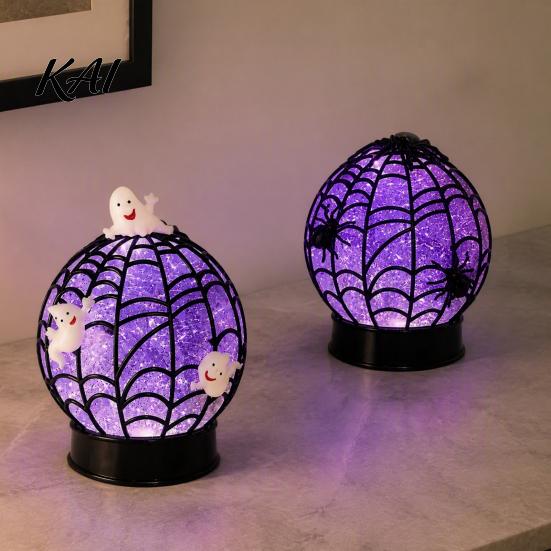 Decorative Halloween Lamp Ghost Glitter Ball Lamp, Glowing Spiderweb Faux Crystal Sphere Light, Light Purple Glow Spider Night for Holiday Party Table