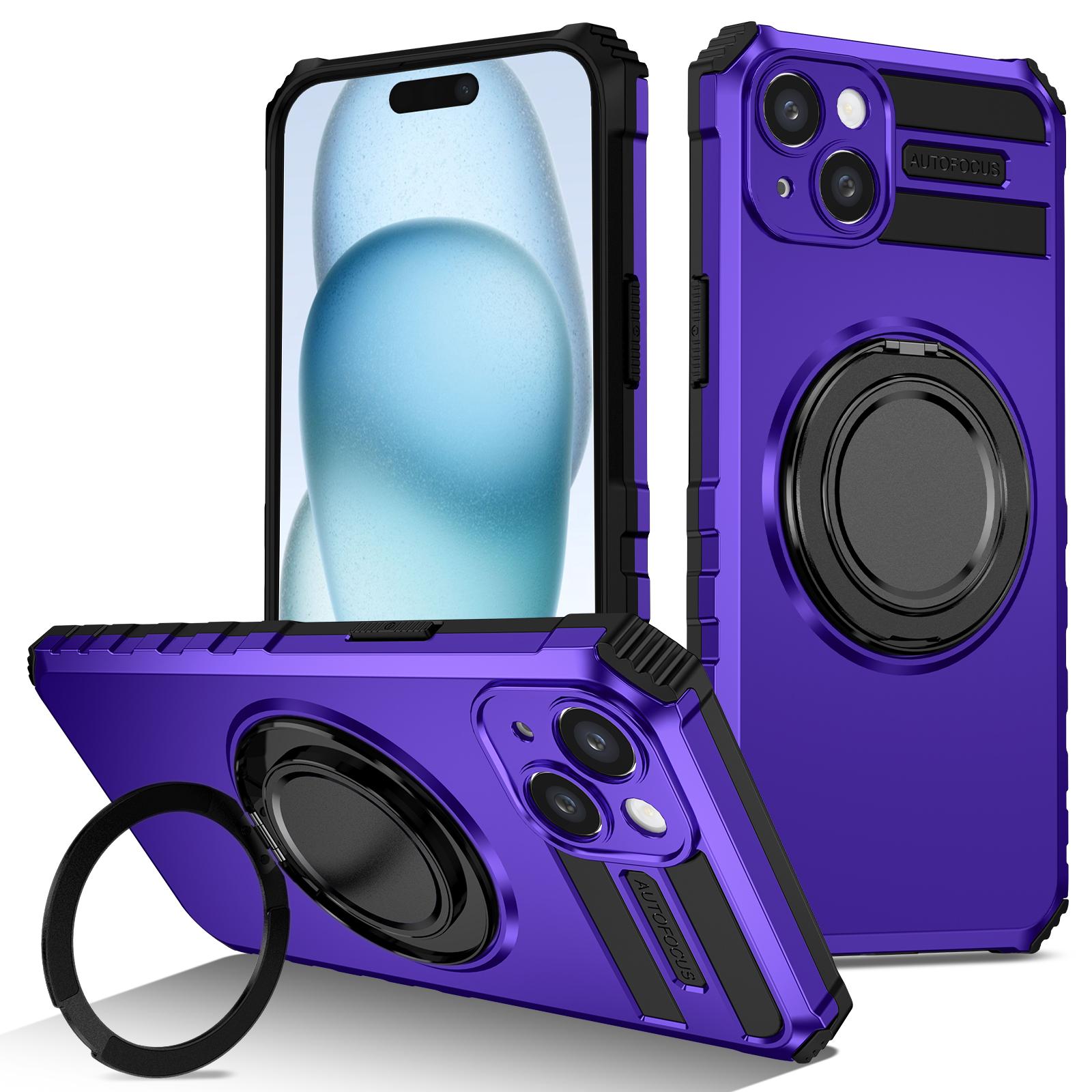 

For iPhone 15 Case Compatible with MagSafe Rotary Kickstand Anti-Drop TPU+PC Phone Cover Purple