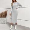 Damen Slim Fit High Waist A-Linie Langes Kleid Elastisch Gestrickt Jacquard Langarm O-Ausschnitt Frühlings-Herbstkleider S-XL