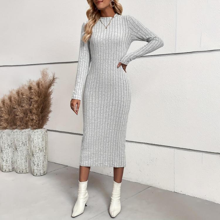 Damen Slim Fit High Waist A-Linie Langes Kleid Elastisch Gestrickt Jacquard Langarm O-Ausschnitt Frühlings-Herbstkleider S-XL