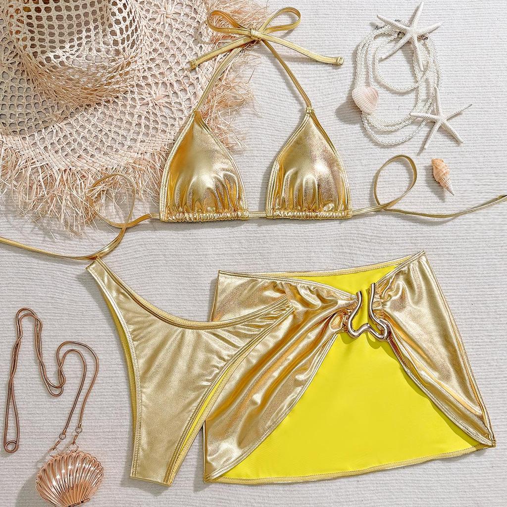 2026 Glossy Strappy Bikini: Sexy Solid Color European & American Three-piece Swimwear