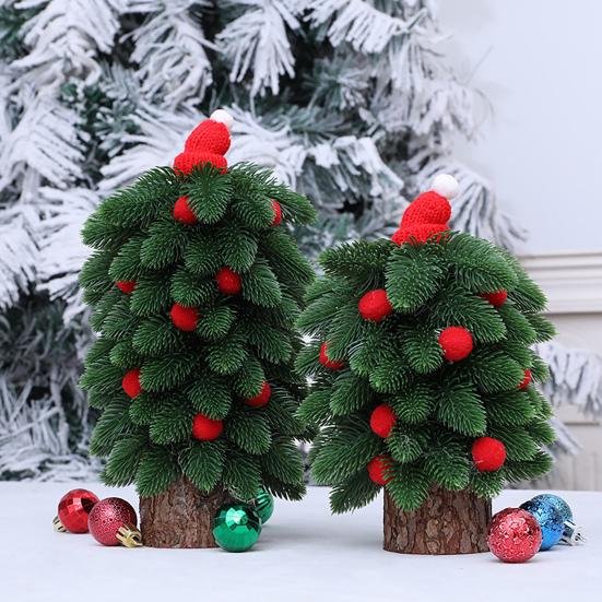Tabletop Mini Christmas Tree Small Artificial Pine Tree with Wooden Base And Red Balls for Indoor Home Kitchen Dining Table Decor