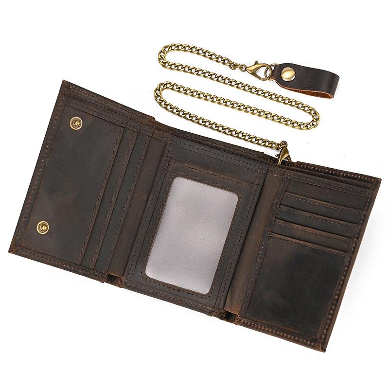 Vintage Crazy Horse Genuine Leather Trifold Wallet for Men with Multi Card Slots Coin Pocket Key Holder Metal Chain Strap Leather Coin Purse Male