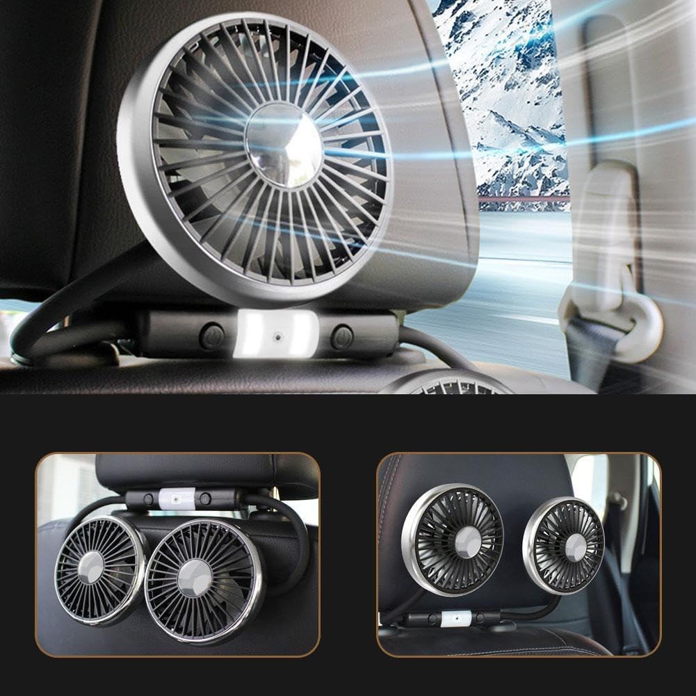 Headrest Fan with LED Car Airflow Low Adjustable Air Easy Air Front and Rear Electric Car Fan Lights, Dual-Head Fan, Type-C Powered, 3-Level