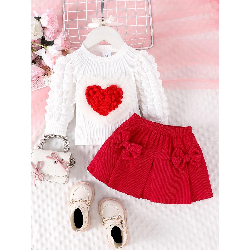 Children's Sweet Suit Spring and Autumn Girls Bubble Sleeve Love Top + Bow Skirt 2pcs Kids 6M-3Y Clothing
