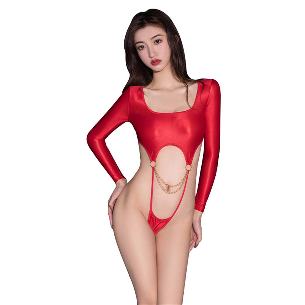 Sexy Women Bandage High Cut Bodysuit Oil Glossy Shiny Tights Bandage Hollow Out Elastic Backless Dance Leotard Low Cut