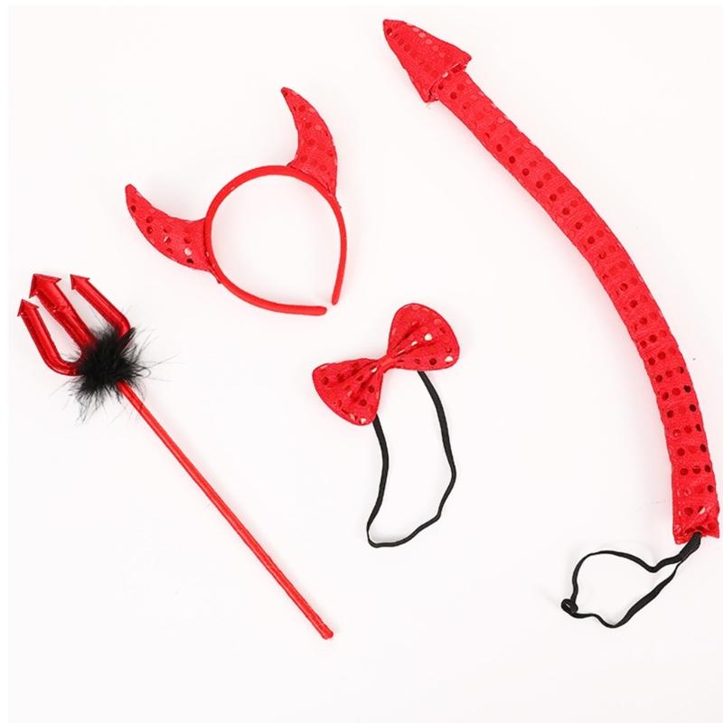Halloween Devil Costume Kits Including Horn Headband Bowtie Tail Demons Dress Up Outfit Halloween Cosplays Party Props