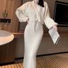 Retro Knitwear Two Piece Set for Women's Autumn/Winter Lazy Style Strap Gentle Sweater Cardigan Coat