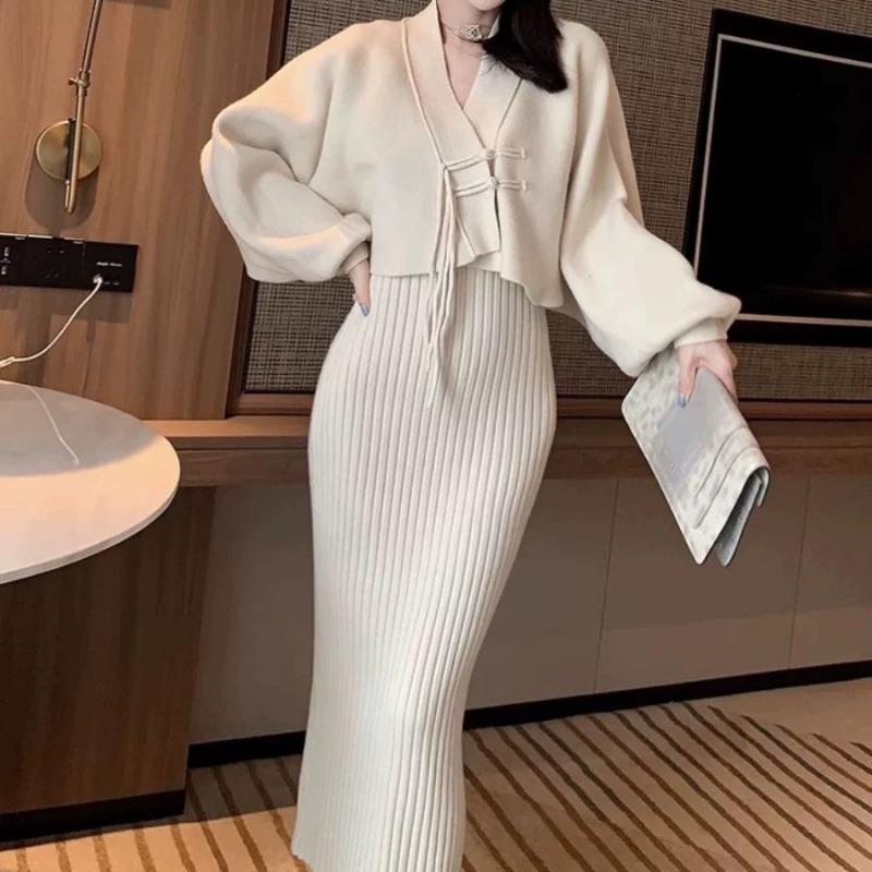 Retro Knitwear Two Piece Set for Women's Autumn/Winter Lazy Style Strap Gentle Sweater Cardigan Coat