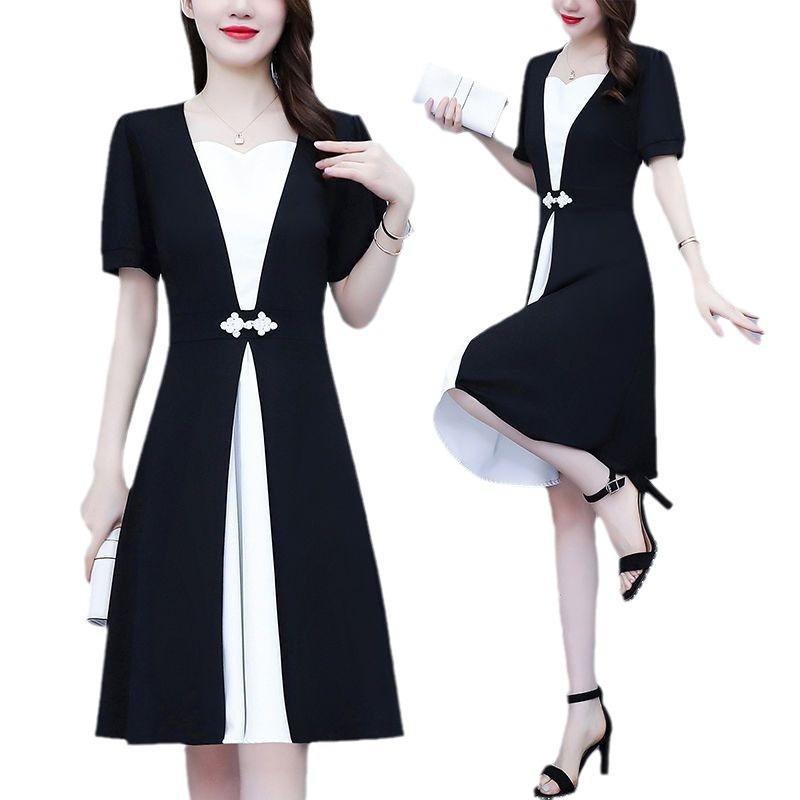 Summer new large-size women's clothing black and white splicing high-waisted short-sleeved temperament slimming age-reducing fashion dress