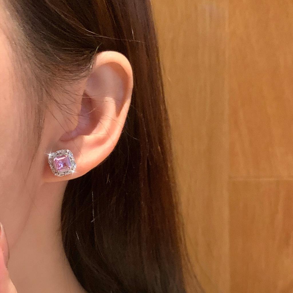 Viral Princess Cut Crystal Earrings, S925 Silver Garnet Studs, Trendy Jewelry