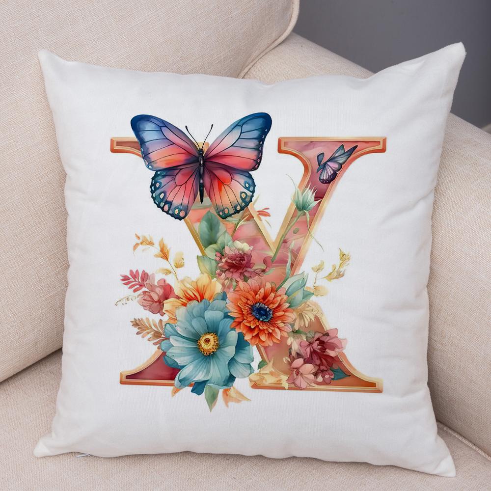 Floral Letter J Pillowcase Double Print Watercolor Letter U Cushion Cover Soft Plush Flower Letter D Pillowcase for Sofa Home