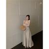Kumikumi Gyaru Style Gray Niche Chic Pleat Hanging Neck Dress Women Summer Waist Hugging Slimming A- line Skirt