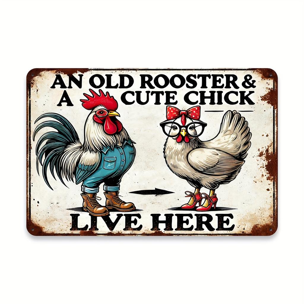 Charming Vintage 'A Husband, Chicken & Cute Little Chick Live Here' Sign - 12x8" Waterproof & Dustproof Metal Wall Art for Home