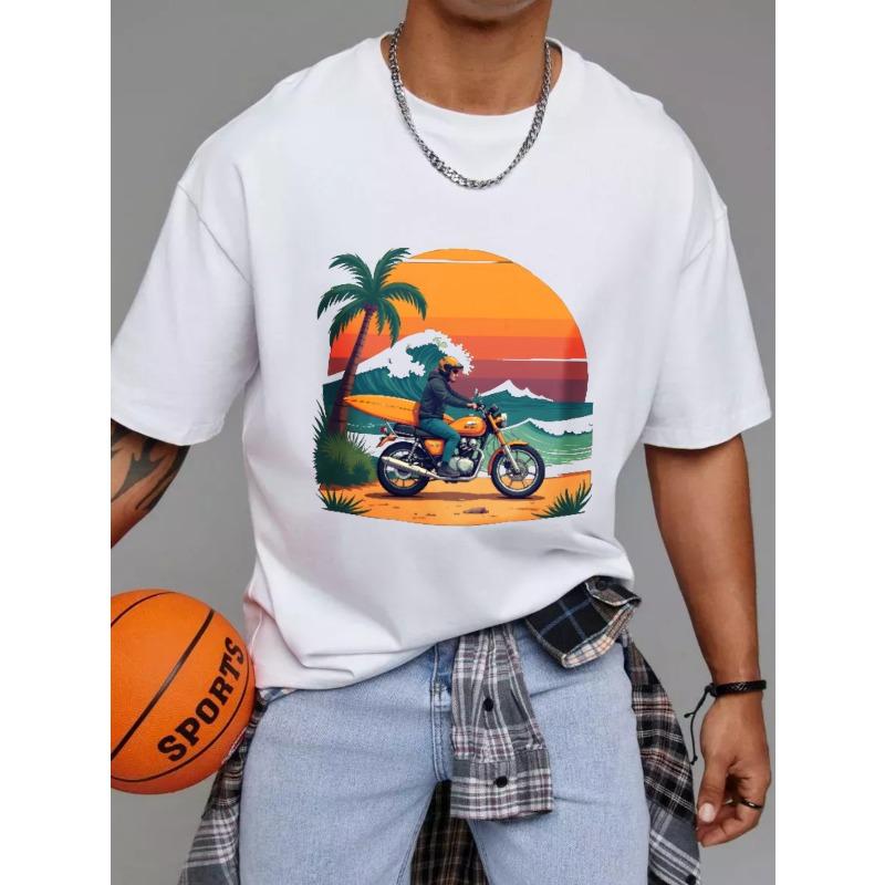 White T-Shirt with Motorcycle and Palm Tree Sunset Beach Scene Print for Casual Wear