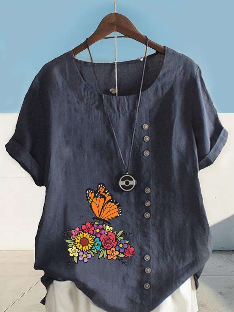 Women's Fashion Butterfly Flowers Print Casual Cotton Linen Short Sleeve Round Neck T-shirt Shirt Leisure Loose Summer Blouse Tops