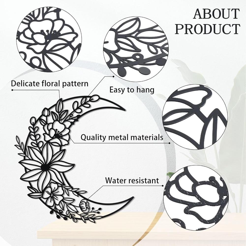 Wrought Iron Moon Wall Art, Boho Metal Floral Decor Home Hanging Ornament