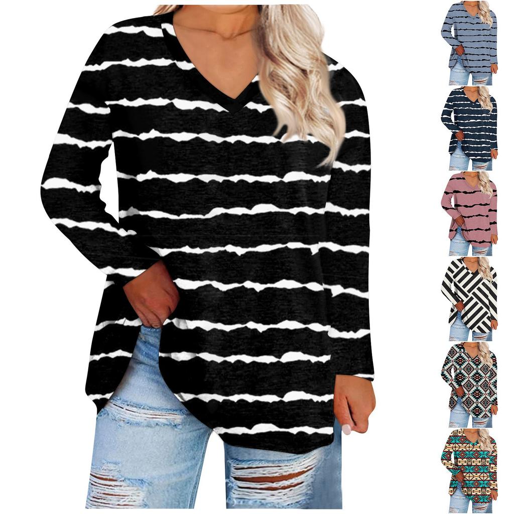Women's Round Neck Loose And Comfortable Printed Long Sleeved T-shirt Casual
