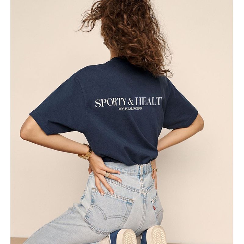 Sporty American Retro Sports Style Double-Sided Letter Print Casual Pure Cotton Shoulder Short Sleeve T-shirt for Women