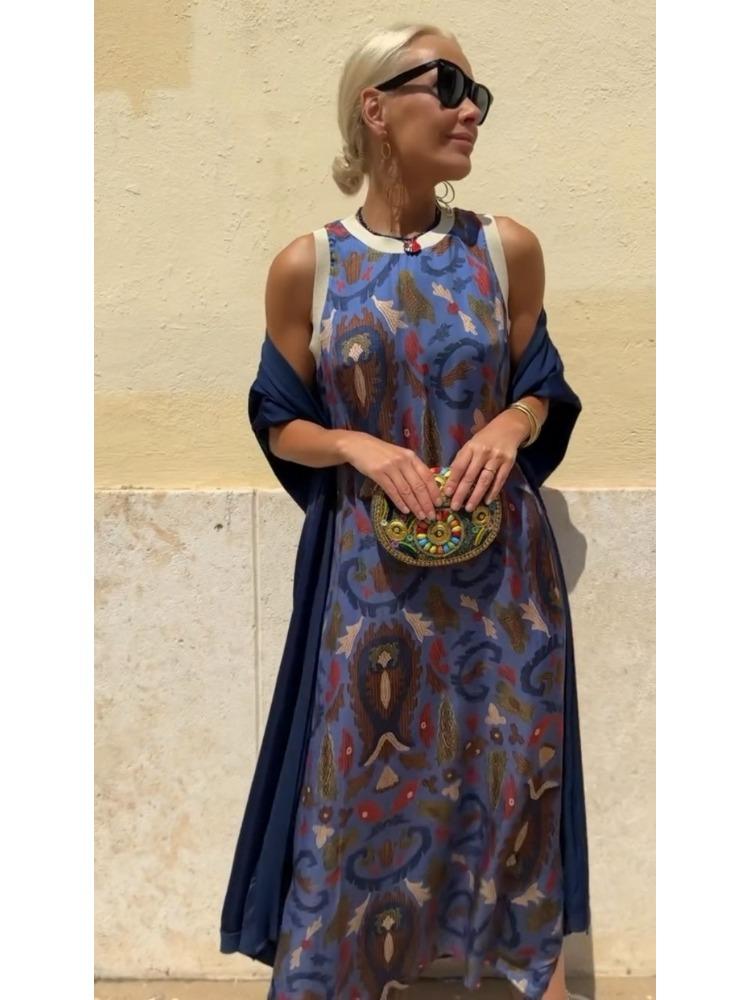 Women's Bohemian Floral Print Sleeveless Dress with Matching Long Red Cape