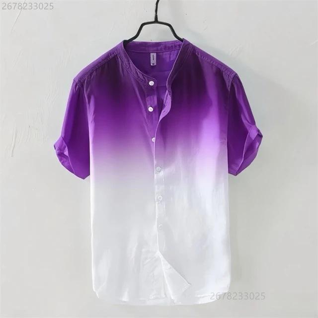 Short-sleeved Shirt Linen Cool Breathable Comfortable Gradient Blue Hawaiian Beach Men's Cardigan Shirt