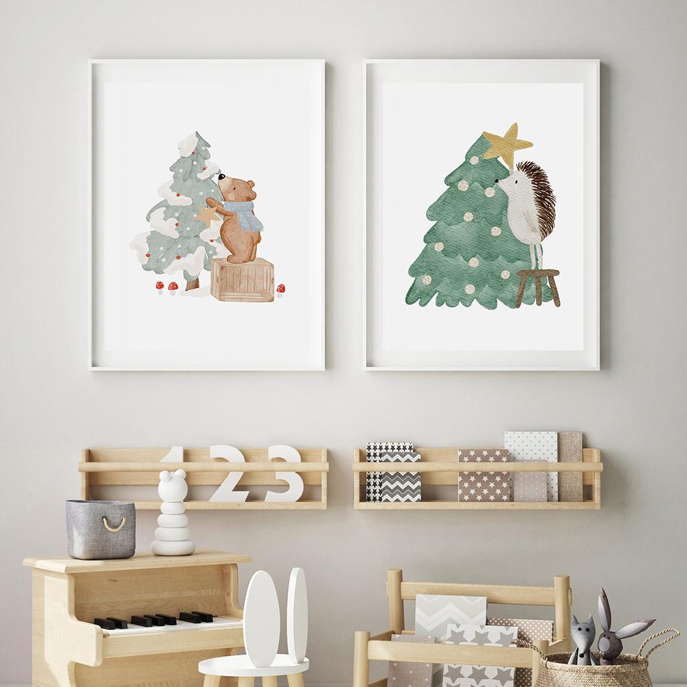 Funny Animals Bear Deer Goose Car Posters Christmas Tree Prints Wall Art Canvas Snowman Pictures for Baby Kids Room Home Decor