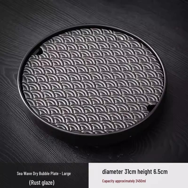 Round Ceramic Tea Tray: Chinese Retro Kung Fu Tea Set, Dual-Use Dry & Wet Brewing Table with Water Storage.
